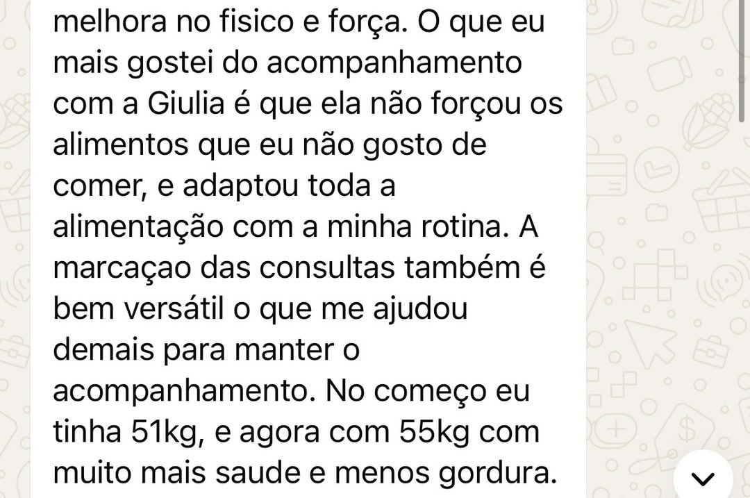 Depoimento de aluna sobre as consultas adaptadas à rotina e o ganho de peso saudável